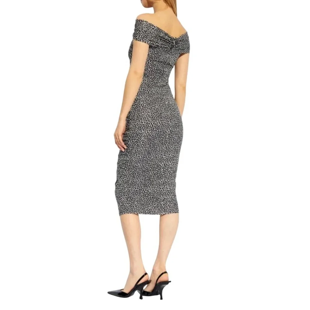 Michael Kors‎ Aluminum Animal Print Off Shoulder Ruched Midi Dress - Size L